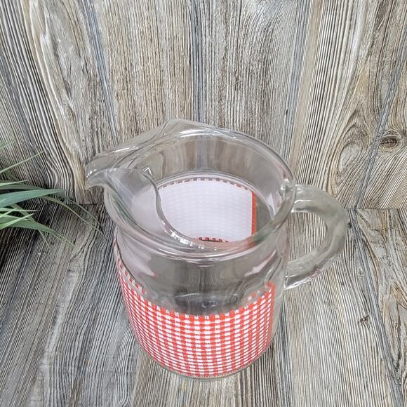 Vintage Red White Gingham Check Pitcher, Anchor Hocking, Ice Lip - Picture 2 of 6